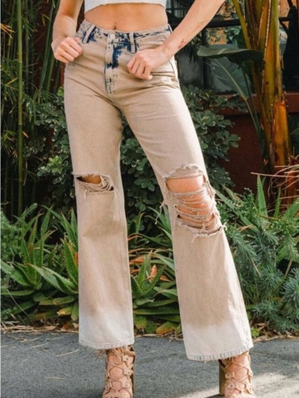 VERVET BY FLYING MONKEY Distressed Beige Cropped Jeans